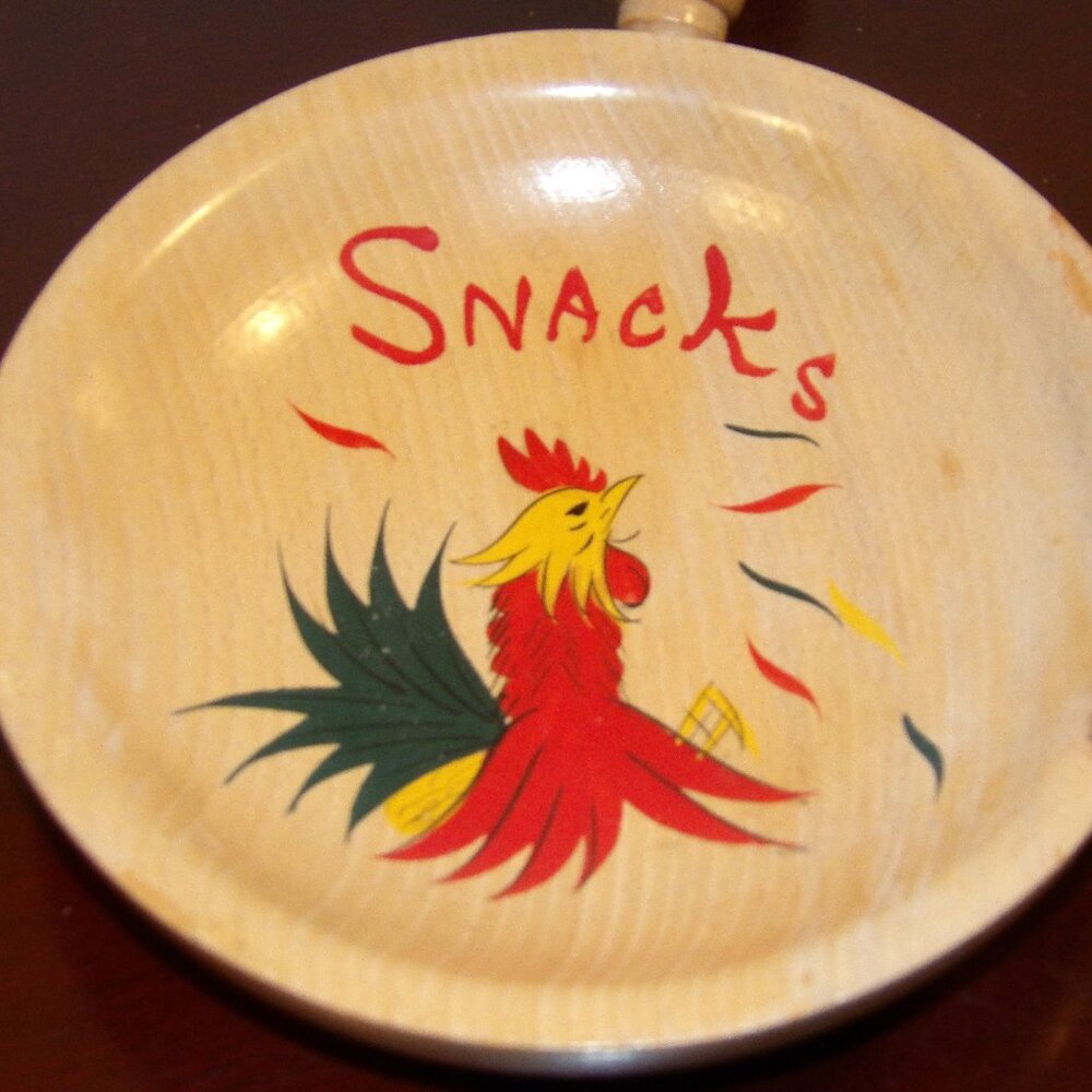Vintage MCM Wooden Snack Bowl with Handle Handpainted Rooster Chicken Decor